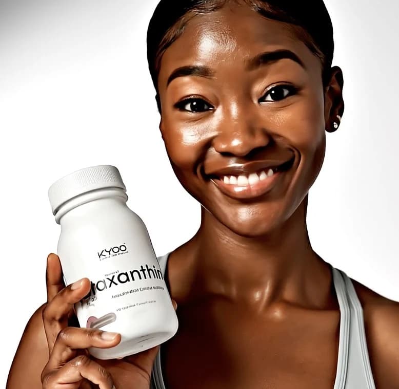 Woman holding a bottle of KYOO natural astaxanthin
