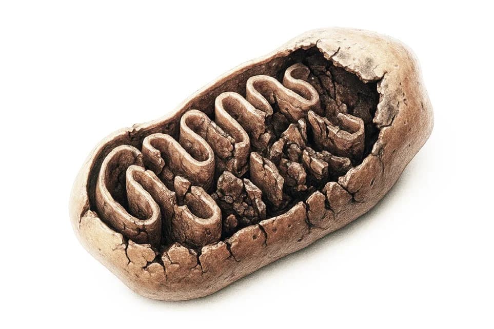 Damaged mitochondrion with a cracked membrane and disrupted folds